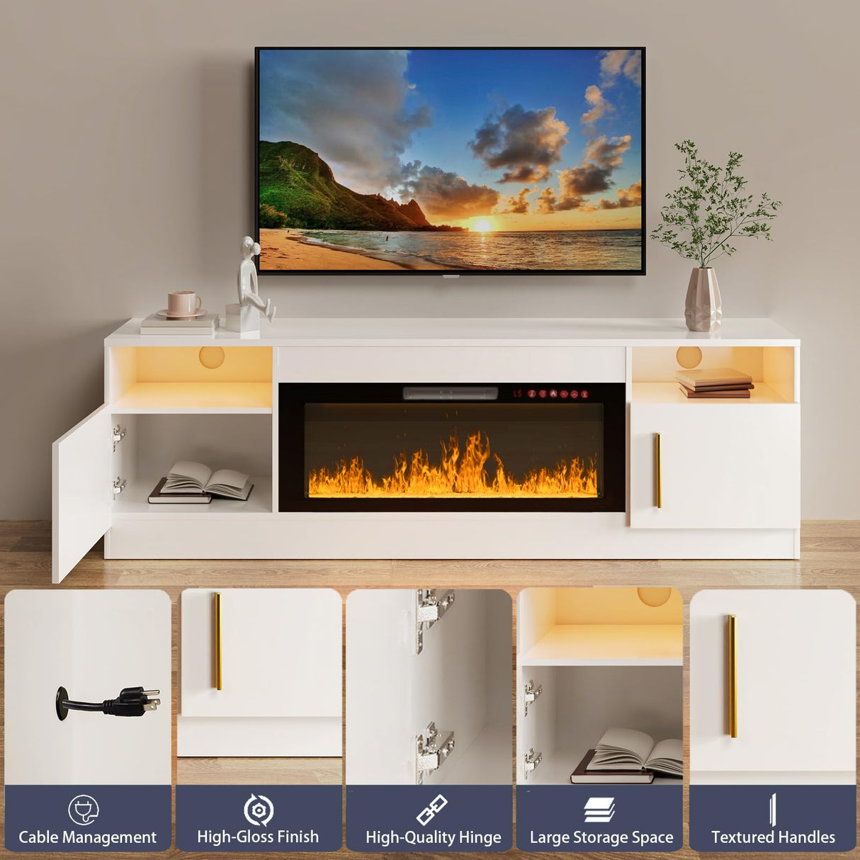 TV Stand with Fireplace - 70 Inch Modern Electric Entertainment Center, 36" LED Fireplace for Living Room, White, Up to 80" TVs VENDORZ
