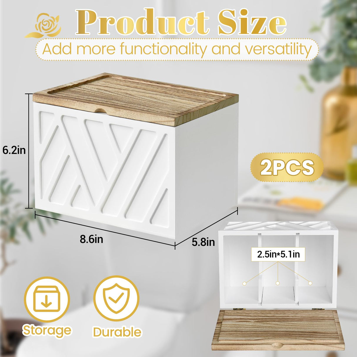 2 PCS White Tampon Holder for Bathroom Decor, Feminine Product Organizer With Lid, Shark Week Storage, Wood Pad Box for Toilet, Bathroom Accessories Jorkol