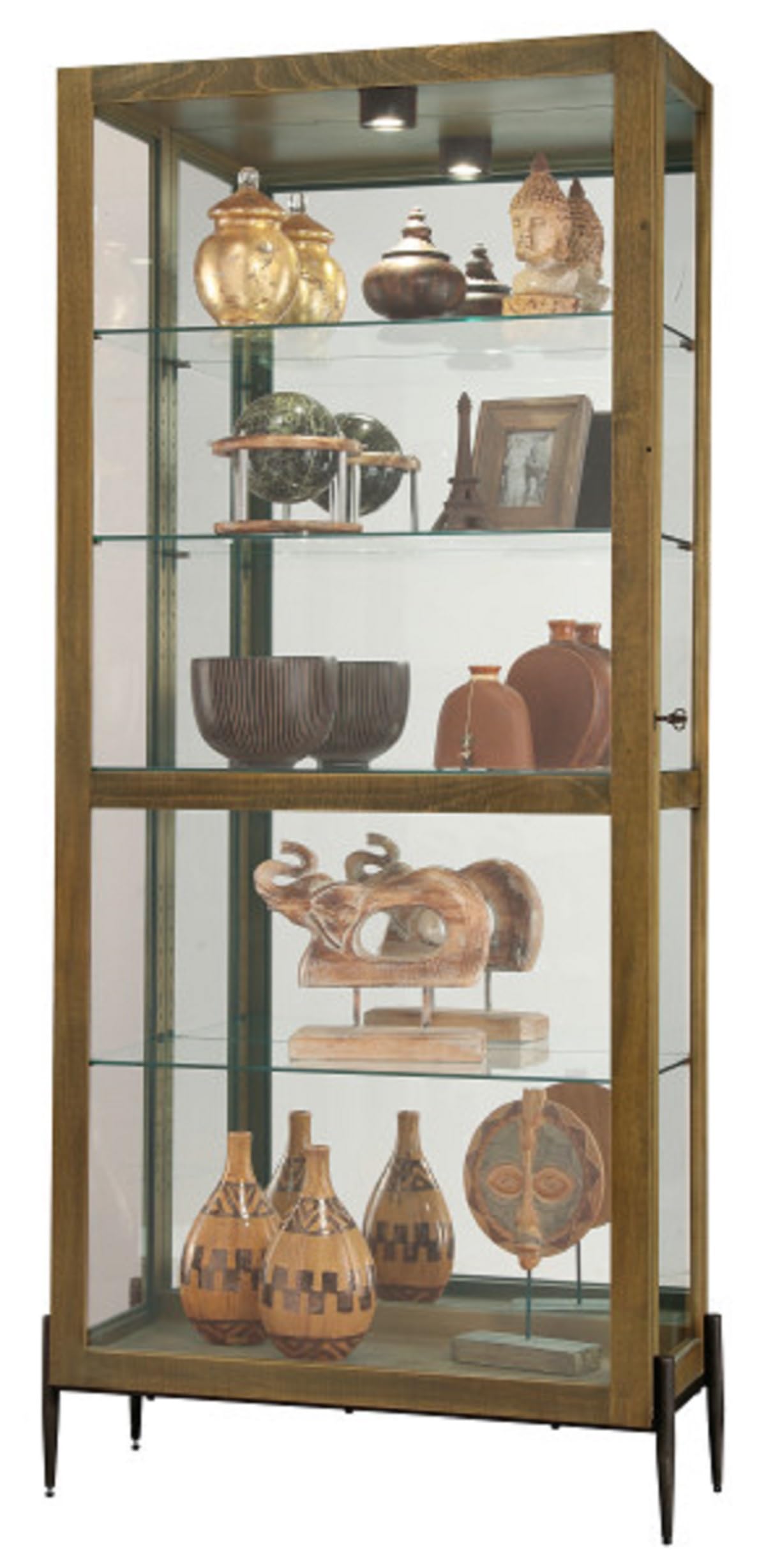 Howard Miller Ansel Curio Cabinet 680-690 – Amber Brown Finish, Vertical Home Decor, Four Glass Shelves, Five Level Display Case, No Reach Light, Lock Sliding Doors