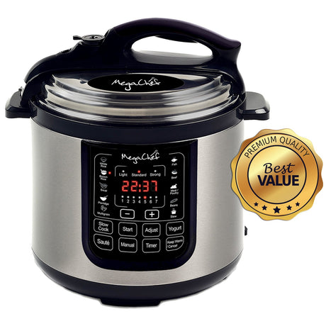 MegaChef MCPR120A 8 Quart Digital Pressure Cooker with 13 Pre-set Multi Function Features, Stainless Steel Megachef