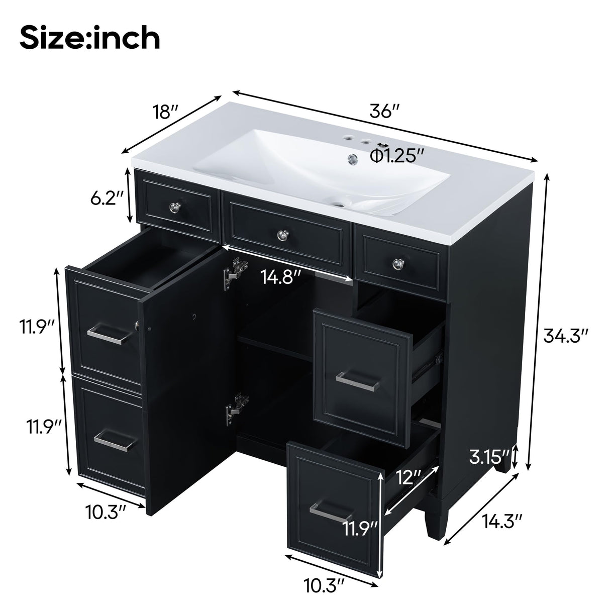 Mirightone 36" Bathroom Vanity with Sink, Bathroom Vanity 36 Inch with Sink, 36 Vanity with Sink for Bathroom, 36 in Restroom Vanity with Top, Soft Closing Door and 3 Drawers, No Faucet (Black) Mirightone