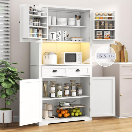 Loomie 72" Farmhouse Kitchen Pantry Cabinet With LED, Operation Table & Power Outlet, Tall Storage With Drawer, Adjustable Shelves for Dining Room (White) Loomie