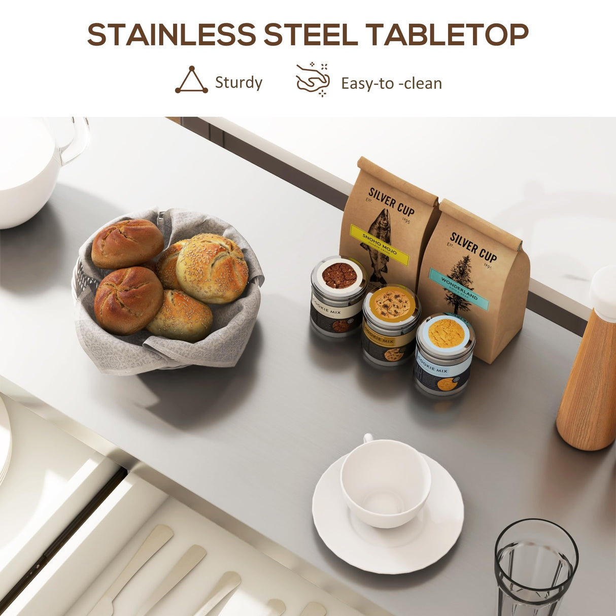 HOMCOM Rolling Island with Wheels for Kitchen, Portable Kitchen Island with Stainless Steel Top, Adjustable Shelves, 2 Drawers, Spice, Knife and Towel Rack, Cream White HOMCOM