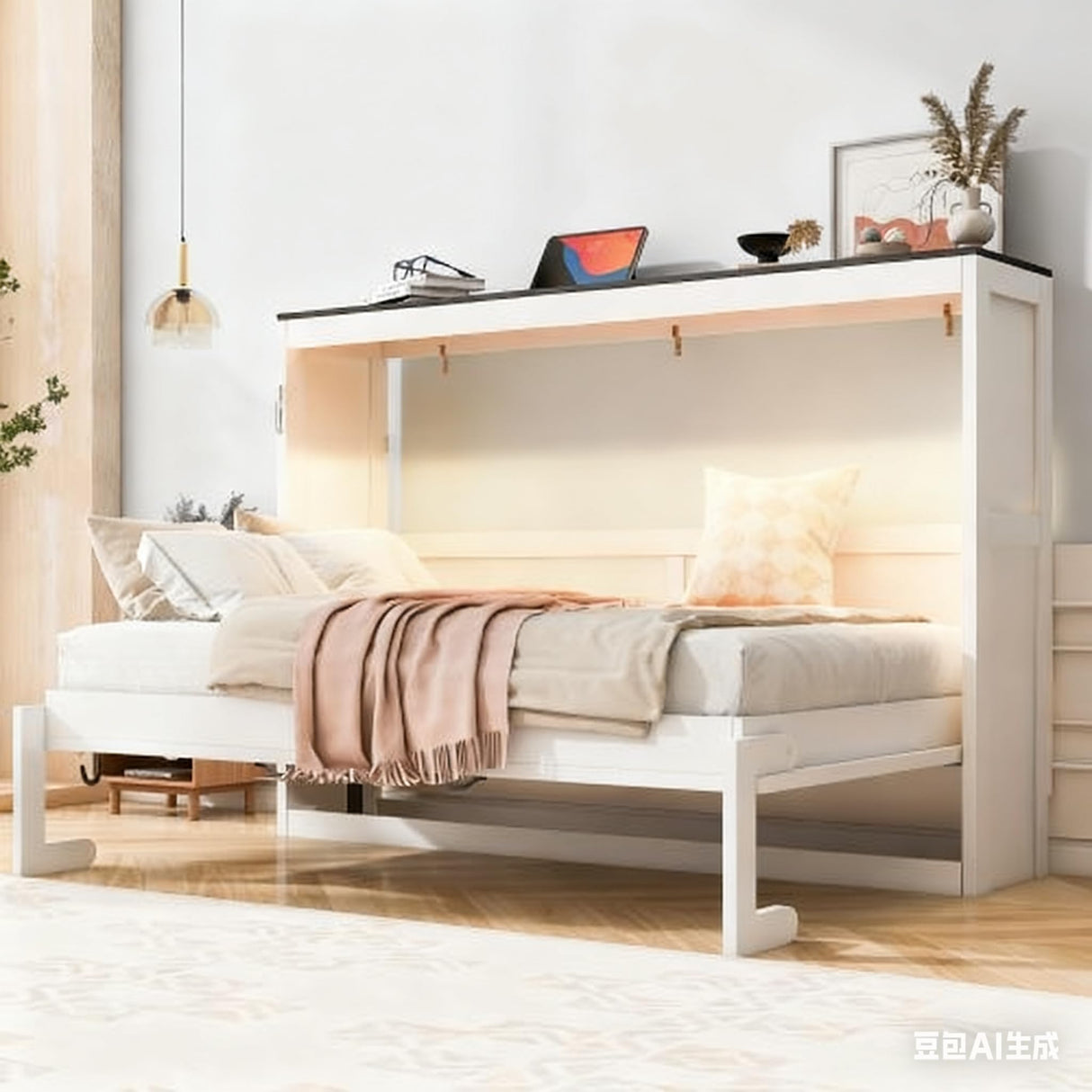 SOFTSEA Twin Size Murphy Bed with LED Light, 2 in 1 Murphy Bed Cabinet, Wooden Wall Bed Cabinet for Small Spaces, No Box Spring Needed, White+Brown SOFTSEA