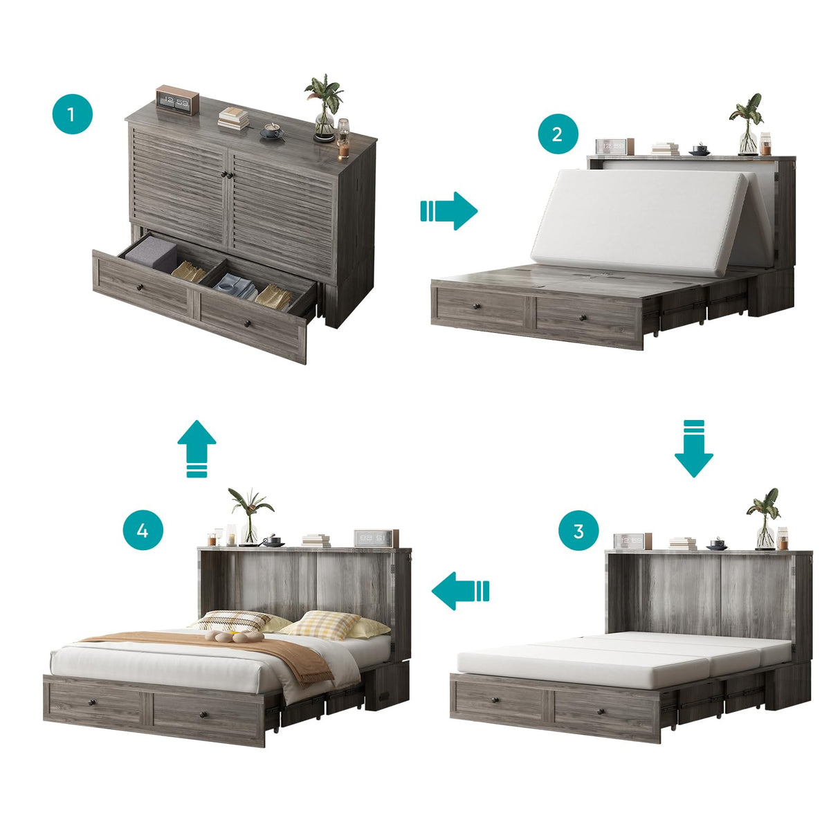 BALUS Murphy Queen Bed with Tri-Fold Mattress, Cabinet Beds with USB Ports & Large Storage Drawer, Wooden Cabinet Beds, Queen Hidden Bed for Living Room/Bedroom -Grey BALUS