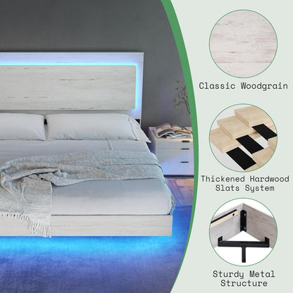 AMERLIFE Distressed White King Floating Bed Frame with LED Mood Lighting and Recline Headboard - WoodArtSupply