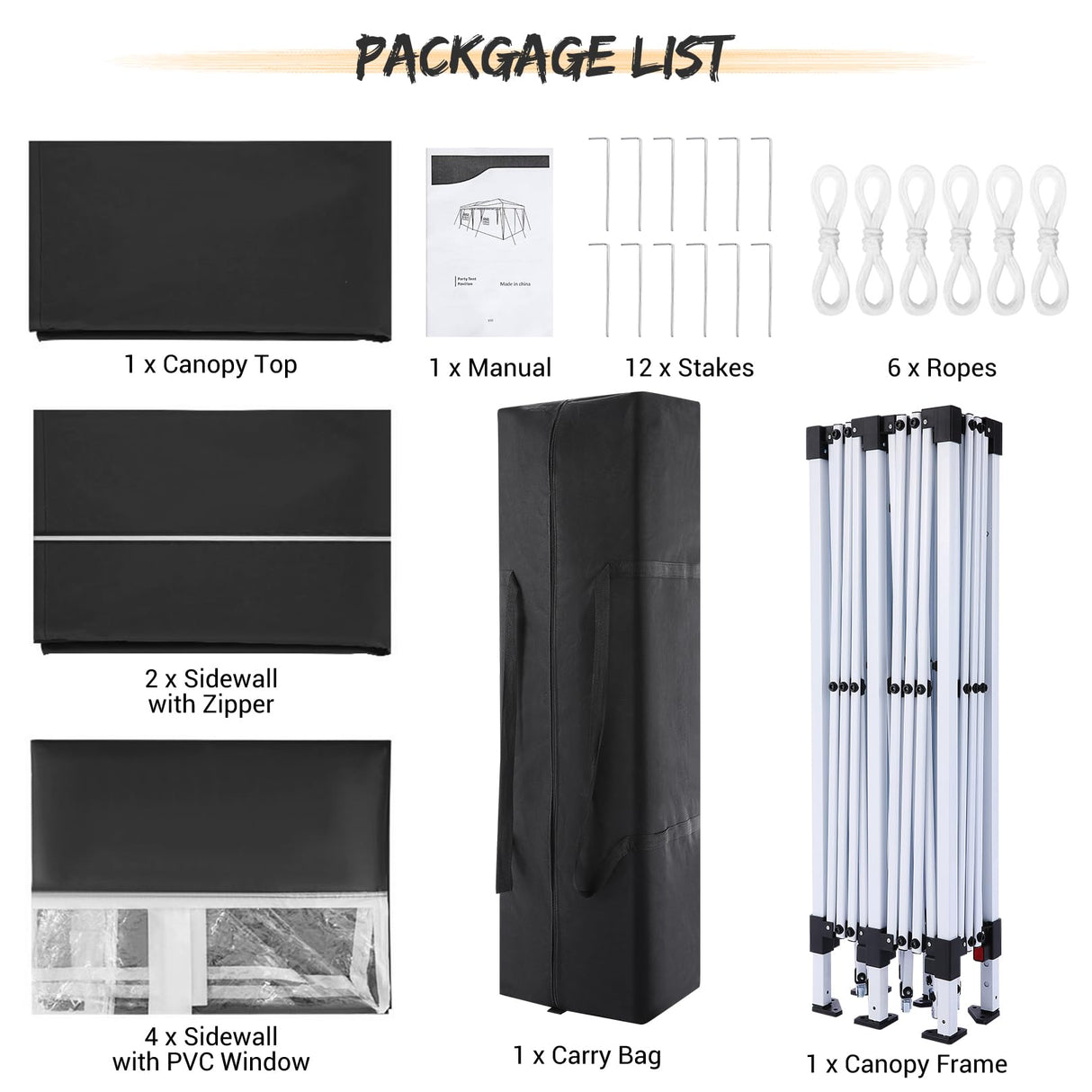 COBIZI Canopy 10x20 Pop Up Canopy Tent with 6 Sidewalls, Waterproof Outdoor Event Shelter Gazebo Sun Shade Portable 10x20 Tents for Parties Beach Camping Commercial Instant Canopy (Black, 10'x20') COBIZI