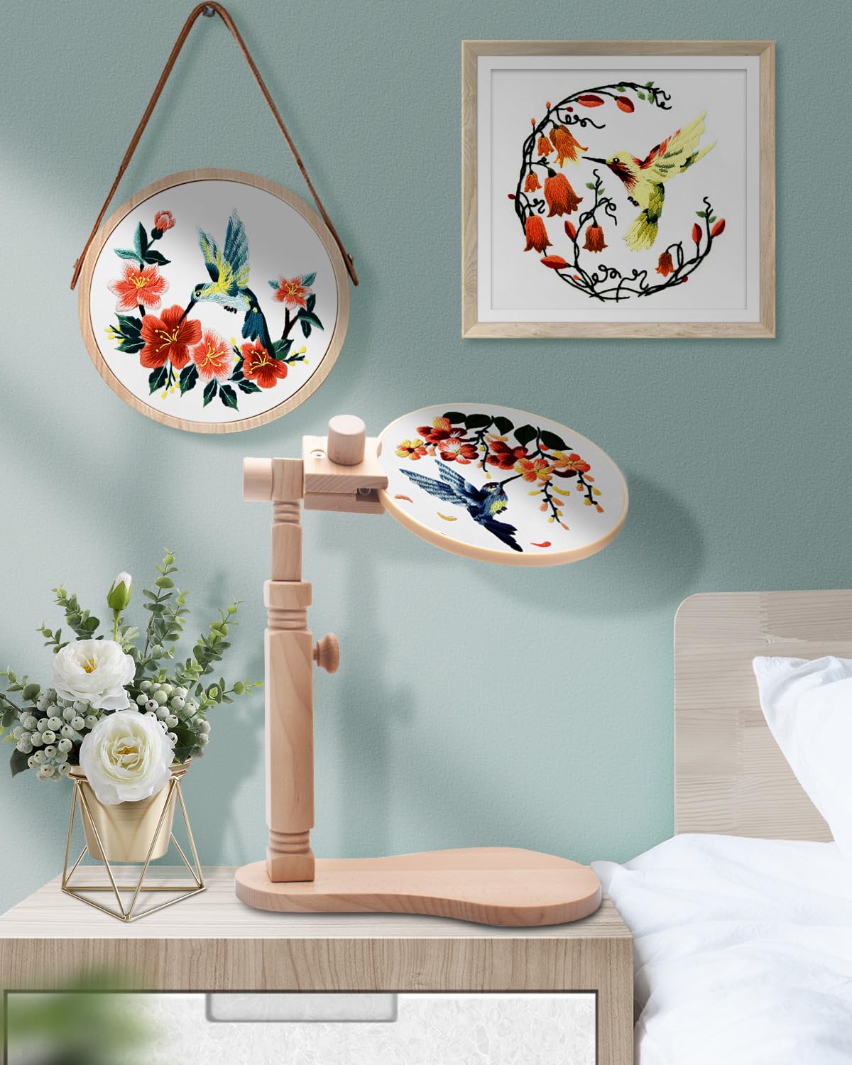 TINDTOP Beech Wood Embroidery Hoop Stand, with 3pcs Embroidery Hoops (3inch + 6inch + 8inch), Adjustable Rotated Wooden Embroidery Hoop Holder for Cross Stitch and Embroidery Projects TINDTOP