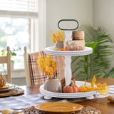 Urban Deco Wooden Decorative Tray Two Tiered Trays Decorations Round Serving Tray with Metal Handle, Wooden Cupcake Stand for Party Tiered Dessert Stand - Retro White Farmhouse Wood Tray Urban Deco