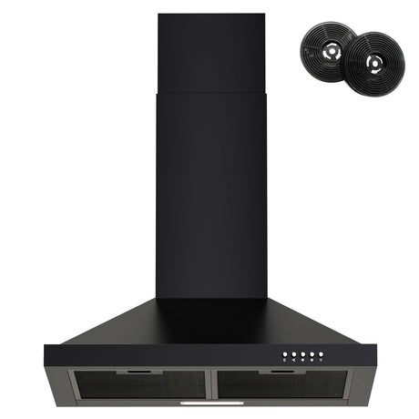 FIREGAS Range Hood 24 inch Wall Mount Type with Ducted/Ductless Convertible,450 CFM Stainless Steel Chimney-Style Kitchen Hood, Over Stove Vent Hood with 3 Speed Fan,Charcoal Filters,Black FIREGAS