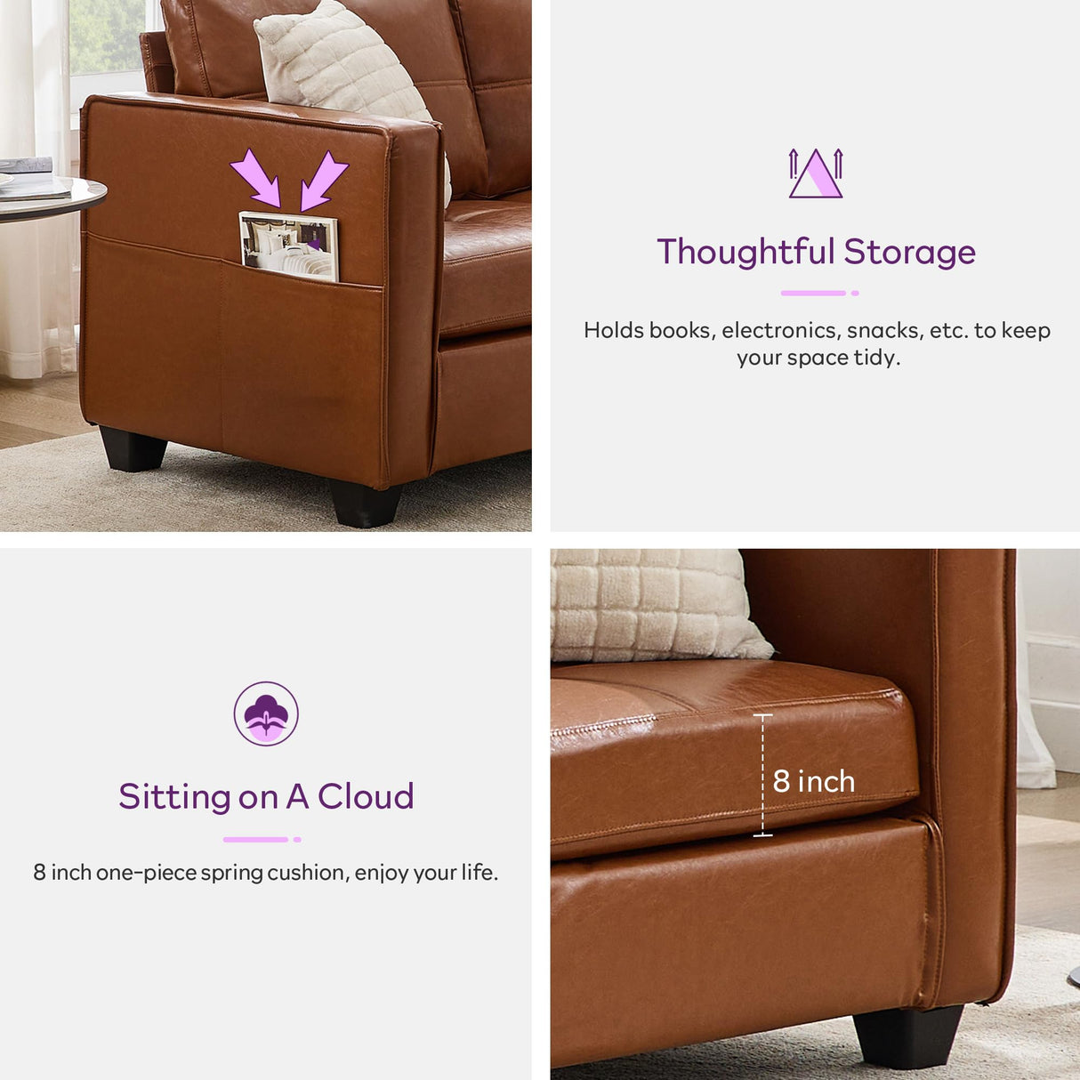 TYBOATLE 65" Brown Faux Leather Sofa Couches for Living Room, Mid-Century Modern Tufted Comfy Loveseat w/USB Charging Ports and Wide Arms, 2 Seater Office Small Couch for Small Space Bedroom TYBOATLE