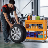 Cemostey 3-Tier Rolling Utility Cart, Heavy Duty Tool Cart on Wheels, Metal Service Cart with Locked Drawers for Garage, Warehouse and Repair Shop (Orange) Cemostey