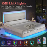 AMERLIFE Distressed White King Floating Bed Frame with LED Mood Lighting and Recline Headboard AMERLIFE
