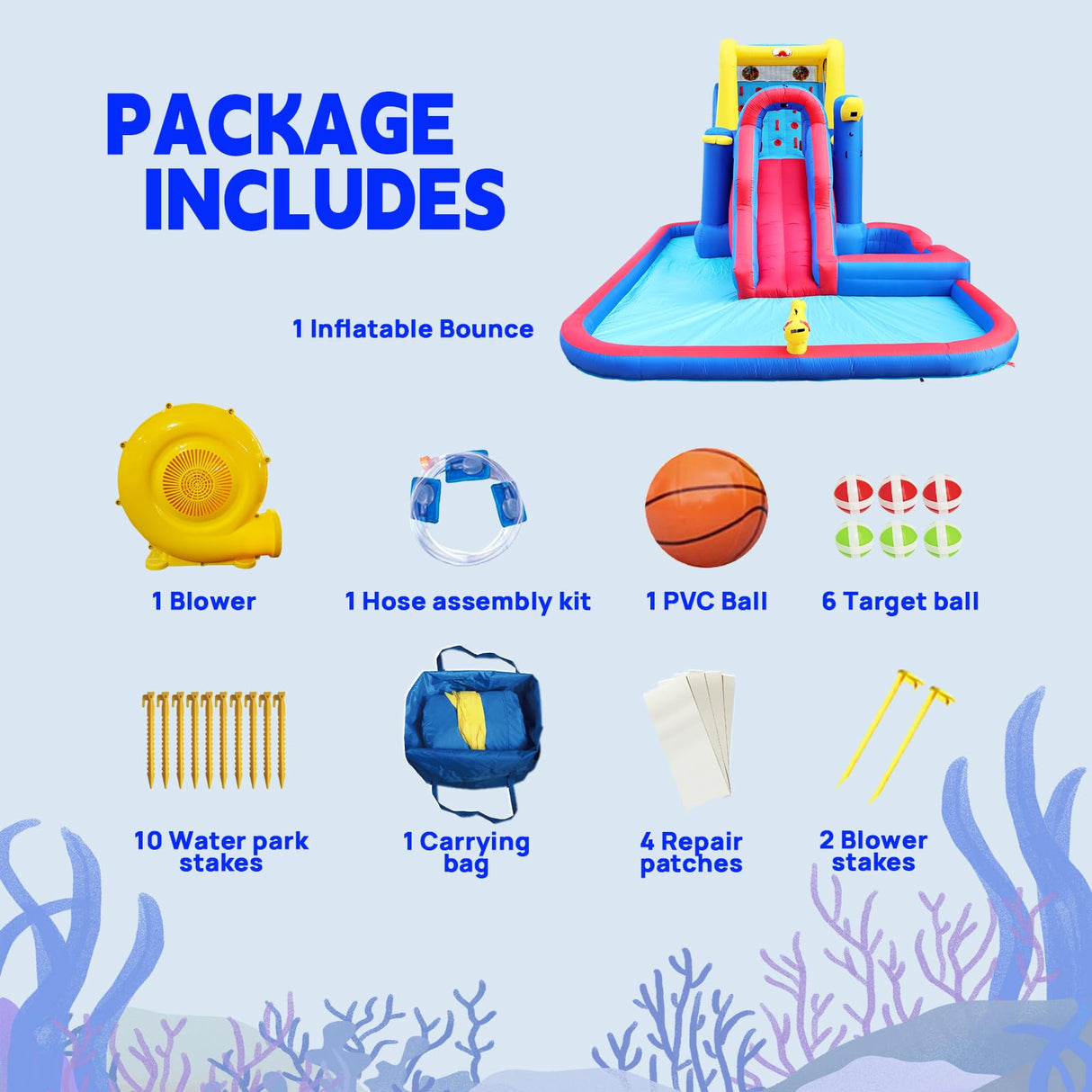 WELLFUNTIME Inflatable Water Slide Park with Large Climbing Wall, Dual Target, Deep Pool and Basketball Rock, Bounce House with Air Blower WELLFUNTIME