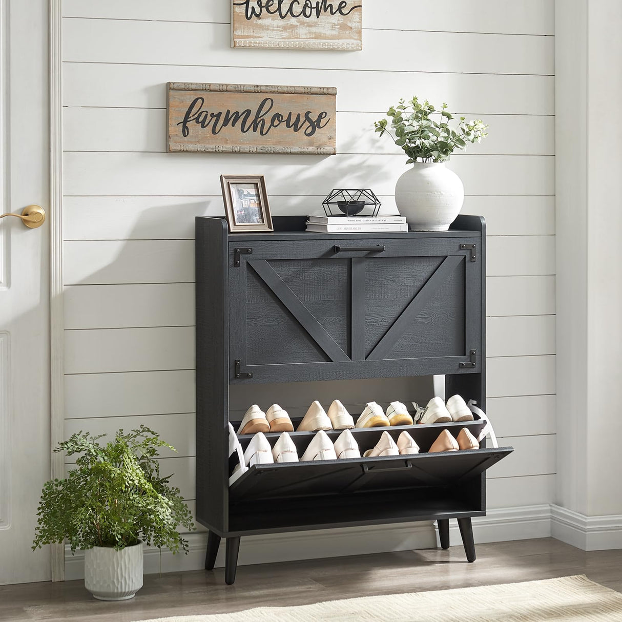 Barnyatoh Shoe Storage Cabinet with 2 Flip Drawers, Farmhouse Hidden Shoe Organizer, Narrow Slim Shoe Rack Cabinet for Entryway Hallway,Black Barnyatoh