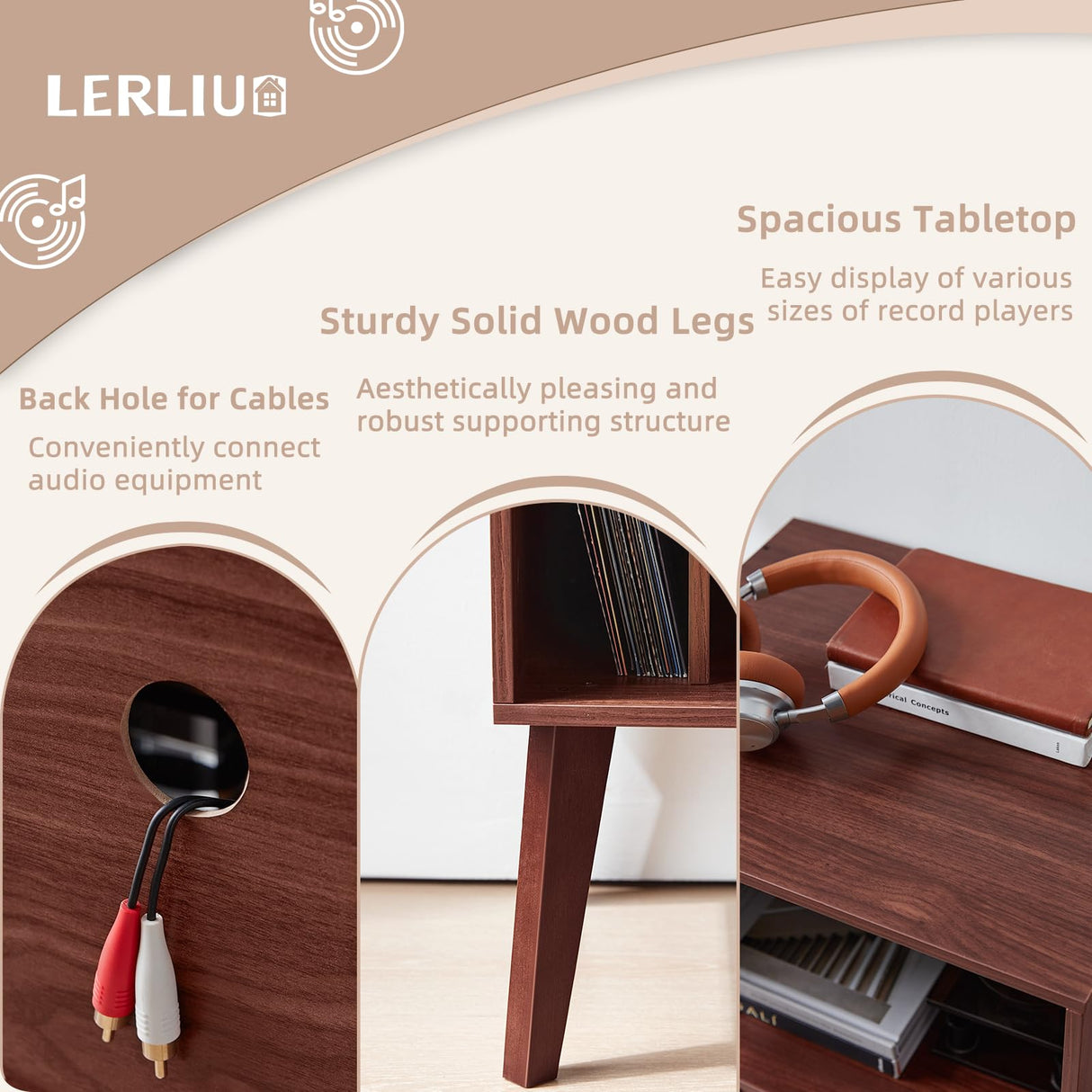 Lerliuo Record Player Stand with Charging Station, Walnut Turntable Stand Holds up to 160 Albums, Mid-Century Vinyl Storage Cabinet Table with Wood Legs, Record Holder Dispaly Shelf for Living Room Lerliuo