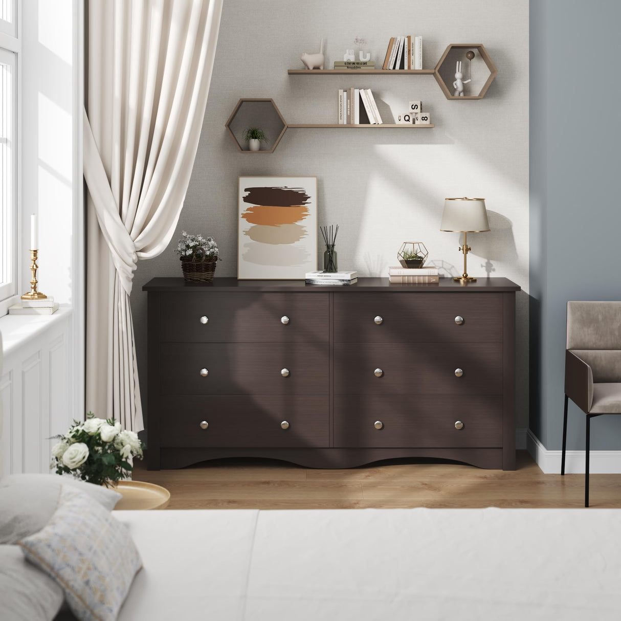 Furmax 6 Wood Drawers Dresser for Bedroom, Double Dresser for TV up to 65 inch, TV Stand Storage Chest of Drawers for Living Room Hallway Entryway (Brown) Furmax