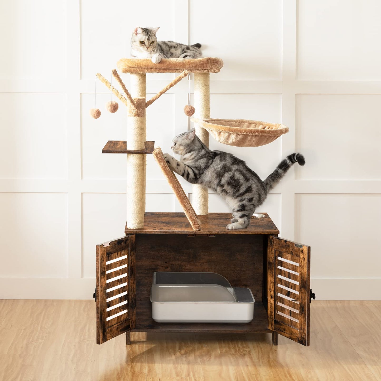 HOOBRO Cat Tree with Litter Box Enclosure, 44" Tall Wooden Cat Tower with Scratching Posts, Cat Hammock, Hidden Litter Box Furniture, All-in-One Indoor Cat Condo, Rustic Brown FG48MZ03 - WoodArtSupply