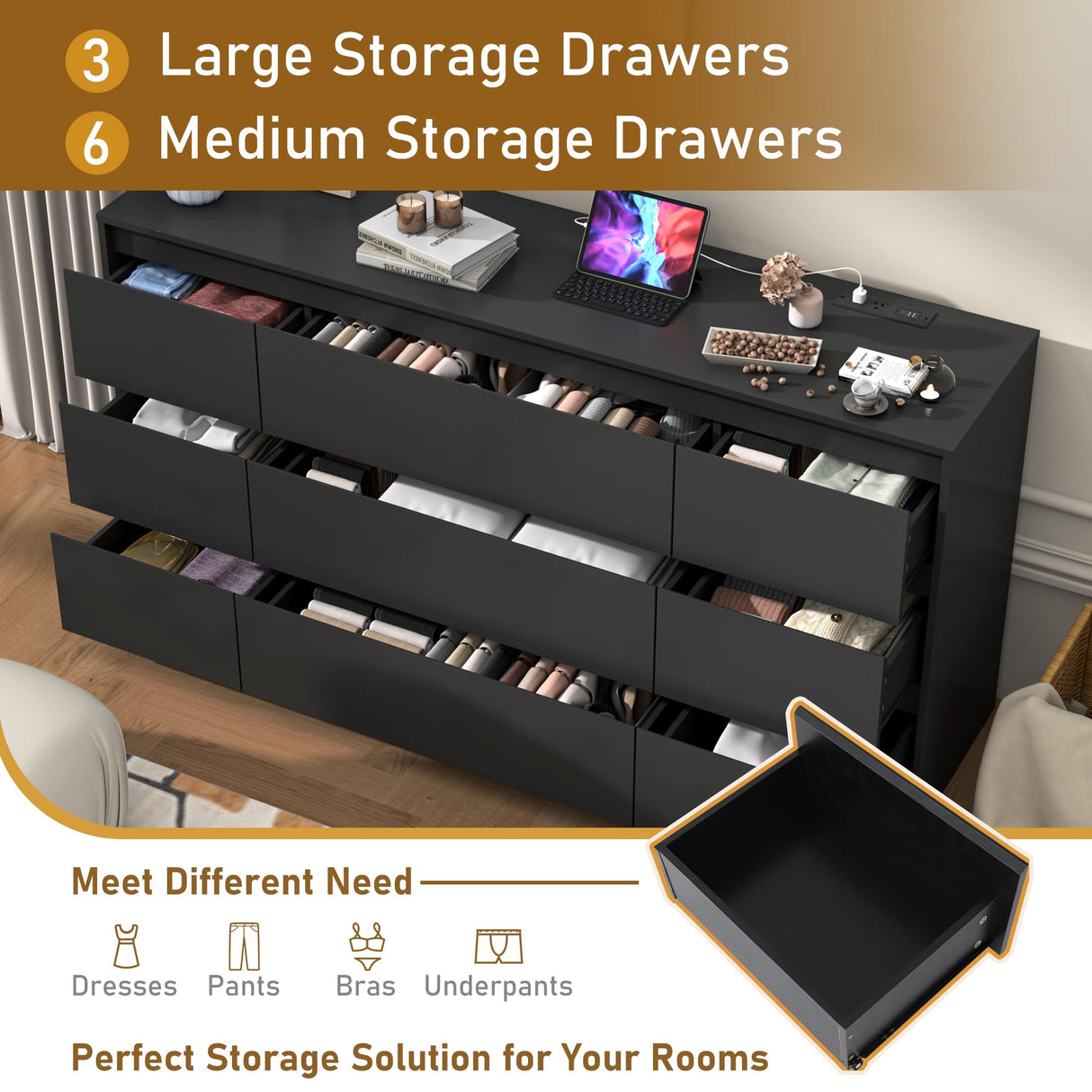 Black Dresser for Bedroom, 63 Inch Long 9 Drawers Dresser with Charging Station, Modern Large Wood Chest of Drawers Handle Free for Bedroom, Living Room, Entryway, Hallway, Black jiteentarou