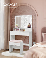 VASAGLE Vanity Desk with Power Outlets, Makeup Vanity with Mirror and Lights, with Upholstered Vanity Stool, 9 Dimmable LED Lights, 2 Compartments, 2 Drawers, for Bedroom, Cloud White URDT029W01 VASAGLE