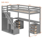 Merax Twin Size Wood Loft Bed with Desk, Stairs & Storage, Space Saving Bed with Lights, 2 Drawers, Guardrails, 220LBS Capacity, Gray Merax