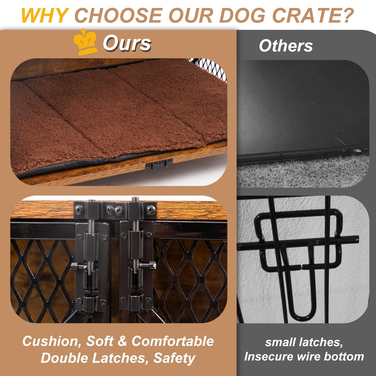 Ketive Dog Crate Furniture with Cushion, 41"L Wooden Dog Crate End Table with Double Doors, Chew-Resistant Dog Kennel Indoor, Heavy Duty Dog Crate with Wheels, Rustic Brown (41"L x 23.6 "W x 35.8 "H) ketive