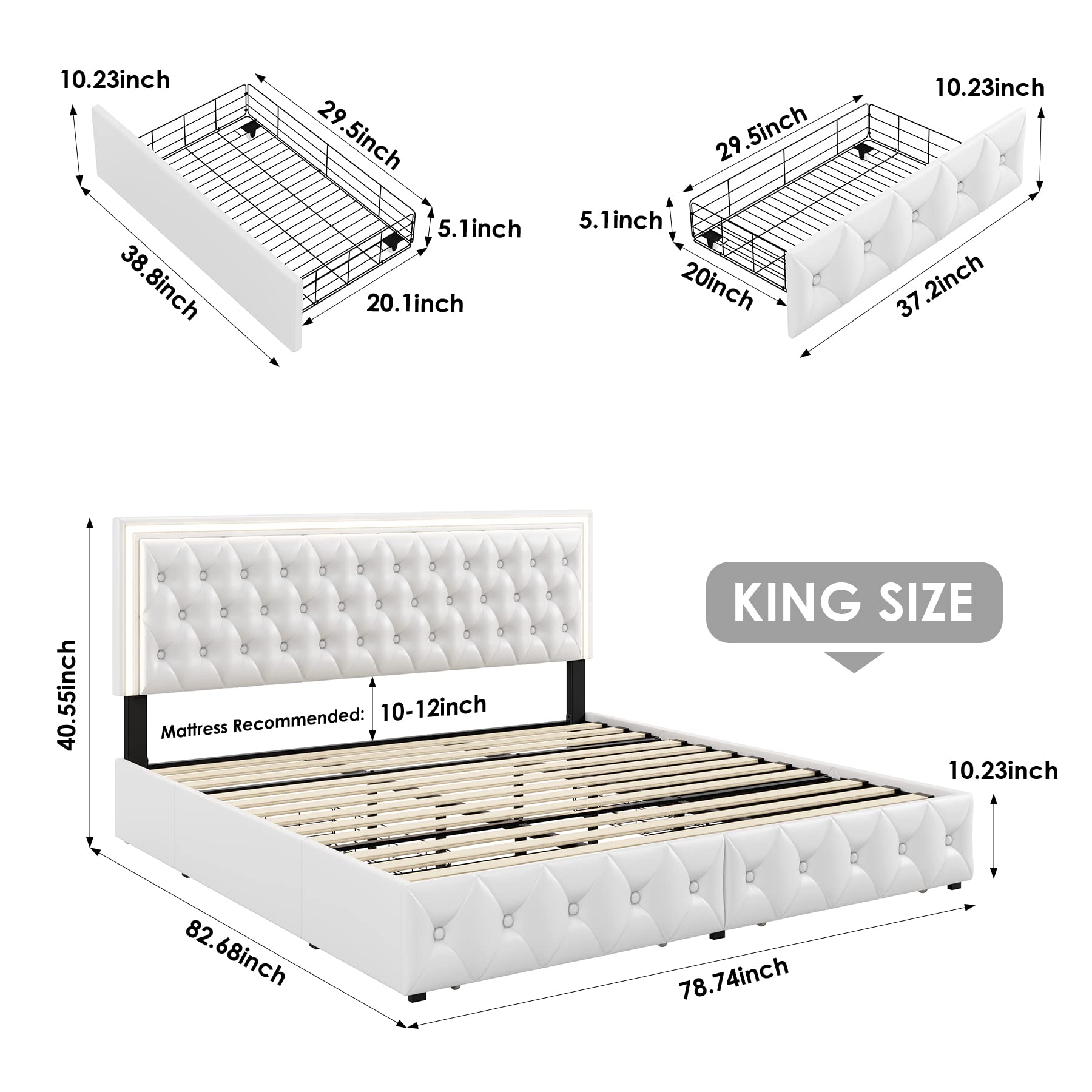 Keyluv King Upholstered LED Bed Frame with 4 Storage Drawers and Adjustable Tufted Headboard in White - WoodArtSupply