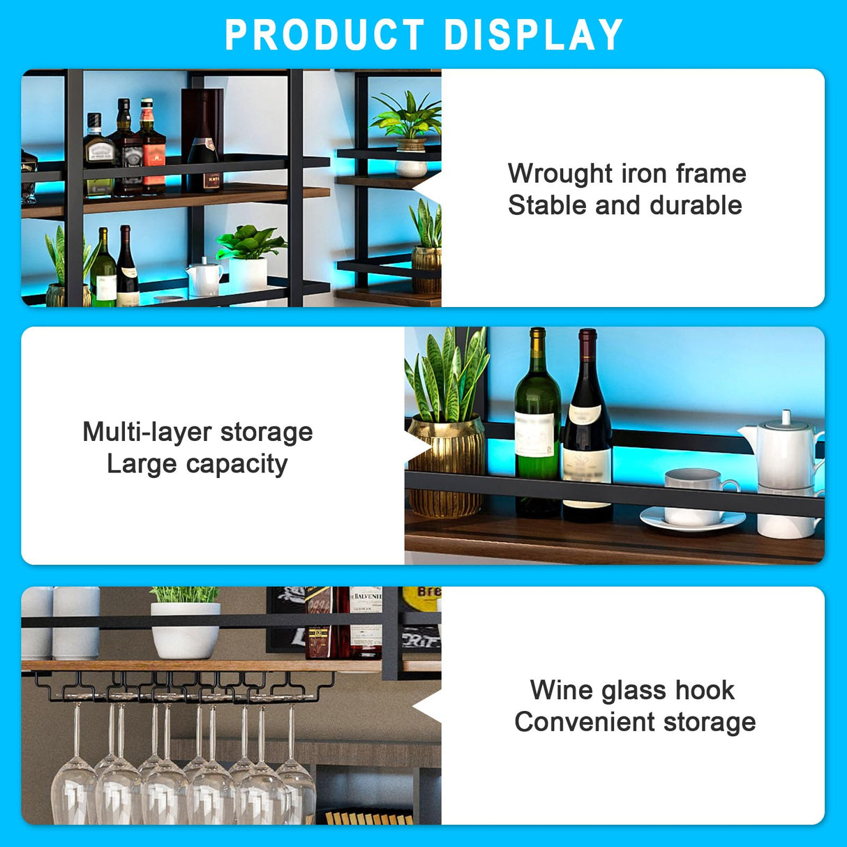 Wall Mounted Wine Rack with LED Light, 55.1in Large Wine Bottles Display Shelf with Glasses Holder, 3 Tier Metal Bar Shelves, Industrial Liquor Shelves for Home Bar, Dining Room & Kitchen (55.1in) DSVONAUS