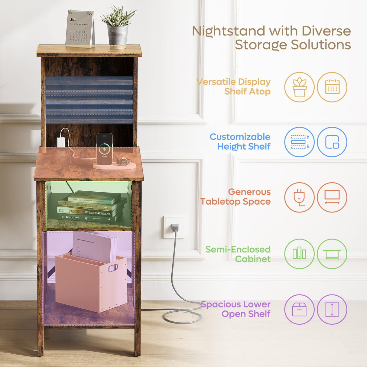 Bestier Rustic Farmhouse Bedside Tables - Tall Nightstands With Charging Ports, Set of 2, Brown Bestier