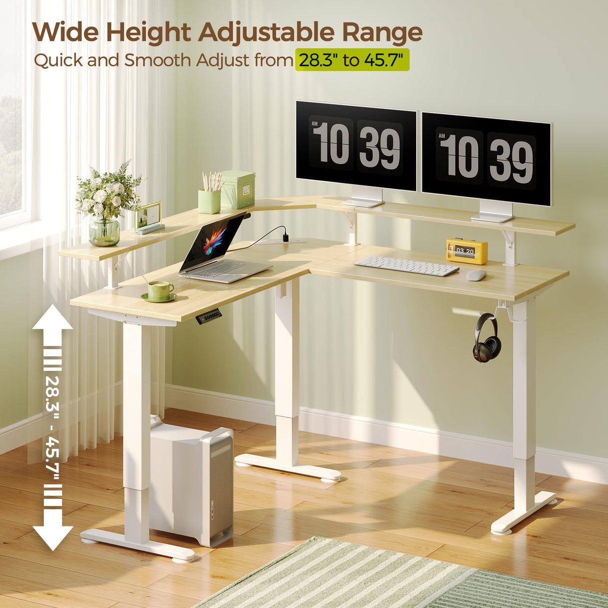 Rolanstar Standing Desk L Shaped with LED Light and Power Outlet, Electric Height Adjustable Computer Office Desk Sit Stand Up with Monitor Stand, Beige Rolanstar