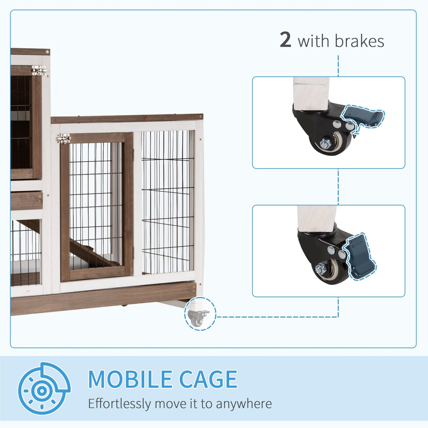 PawHut Wooden Rabbit Hutch Elevated Bunny Cage Indoor Small Animal Habitat with Enclosed Run with Wheels, Ramp, Removable Tray Ideal for Guinea Pigs, Brown