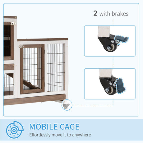 PawHut Wooden Rabbit Hutch Elevated Bunny Cage Indoor Small Animal Habitat with Enclosed Run with Wheels, Ramp, Removable Tray Ideal for Guinea Pigs, Brown PawHut