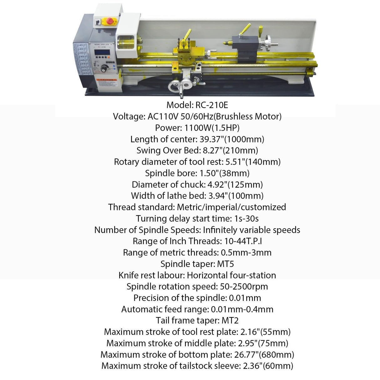 BEILOCKERY Metal Lathe RC-210E Automatic Inch/Metric Conversion 1100W Benchtop Electronic Gear Lathe Machine 50-2500rpm Variable Speed 8"*39" Electronic Pulse Precision Wood Horizontal Processer 110V BEILOCKERY