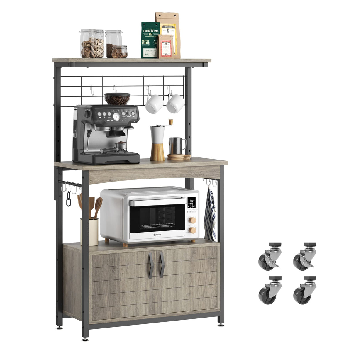 Bestier Adjustable Height Microwave Stand with Storage Cabinet and Wheels - Industrial Coffee Bar Shelf in Grey Wash Bestier