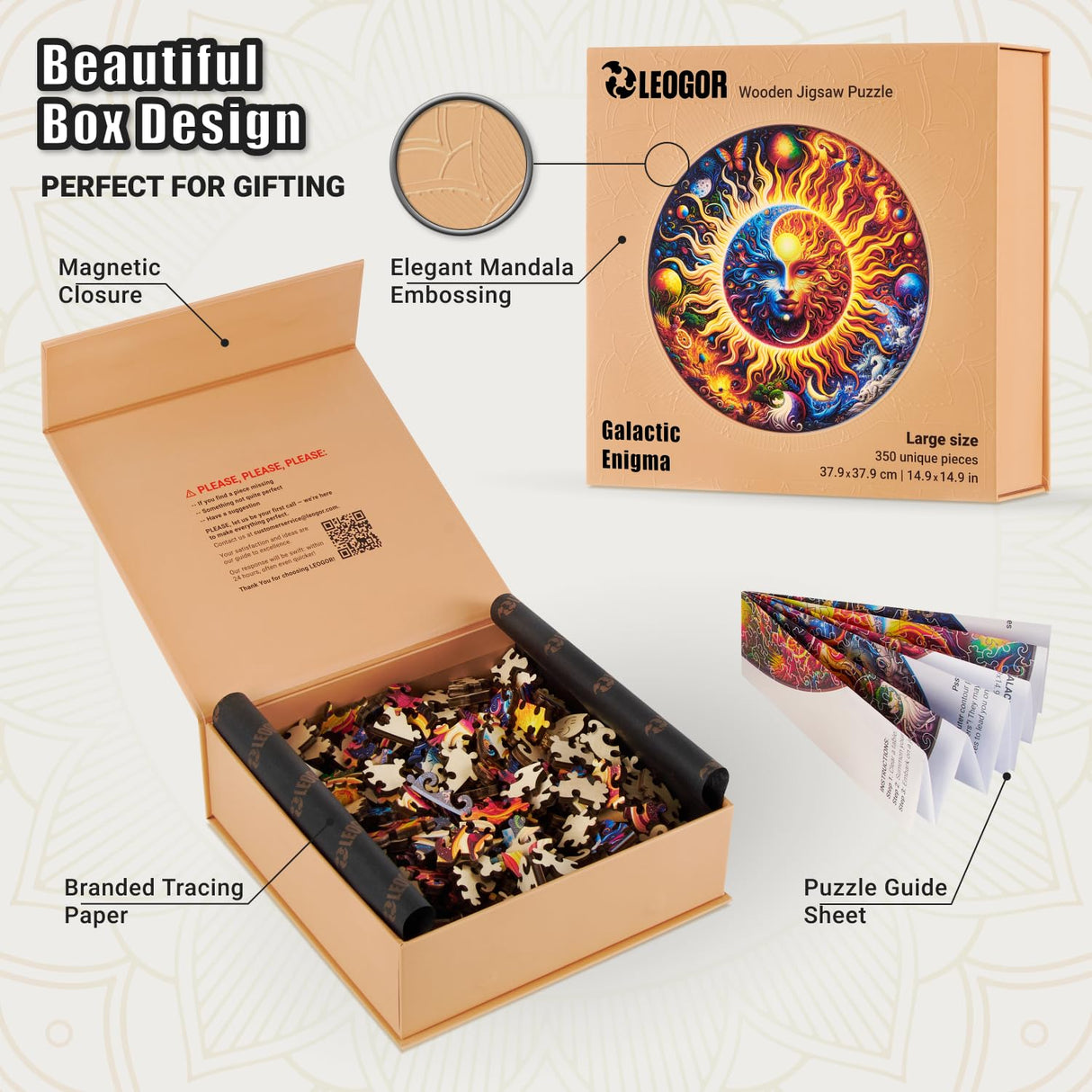 LEOGOR Mosaic Wooden Jigsaw Puzzles for Adults with Whimsical Pieces – 350 Piece Colorful Sun and Moon Puzzle with Unique Animal-Shaped Wood Pieces – Beautiful Design, Large 14.9'' x 14.9'' LEOGOR