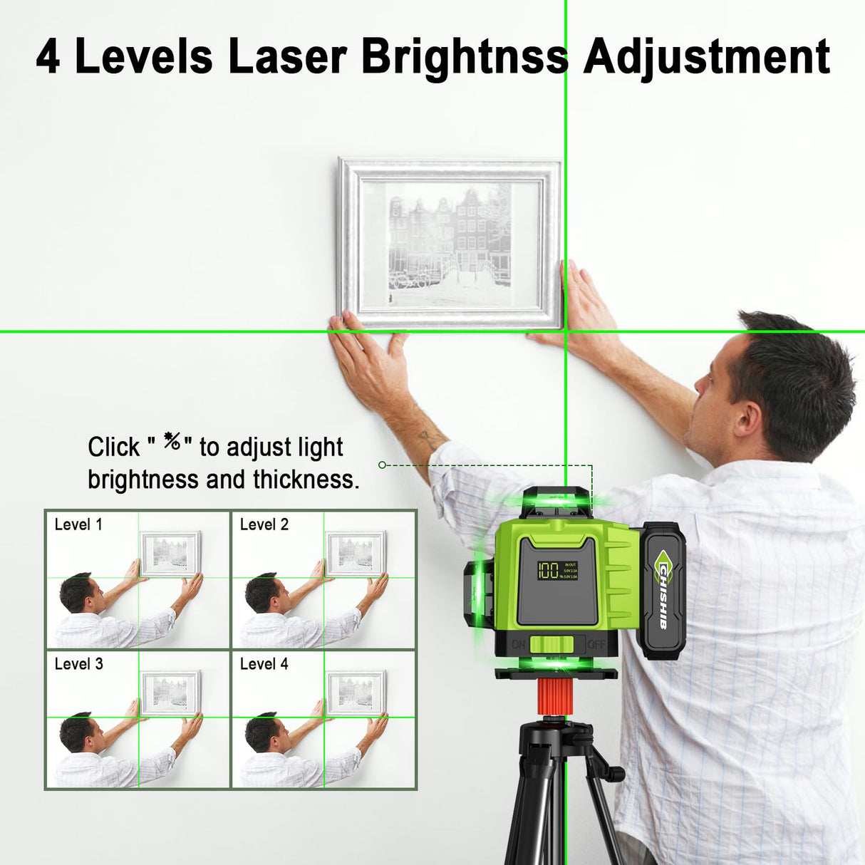 16 Lines Green Laser Level Kit -4x360° 4D Self-Leveling Cross Line Laser Level, Rotary Base and Accessories for Construction, Home Improvement and Picture Hanging,Portable Hard Carry Case Included… CHISHIB