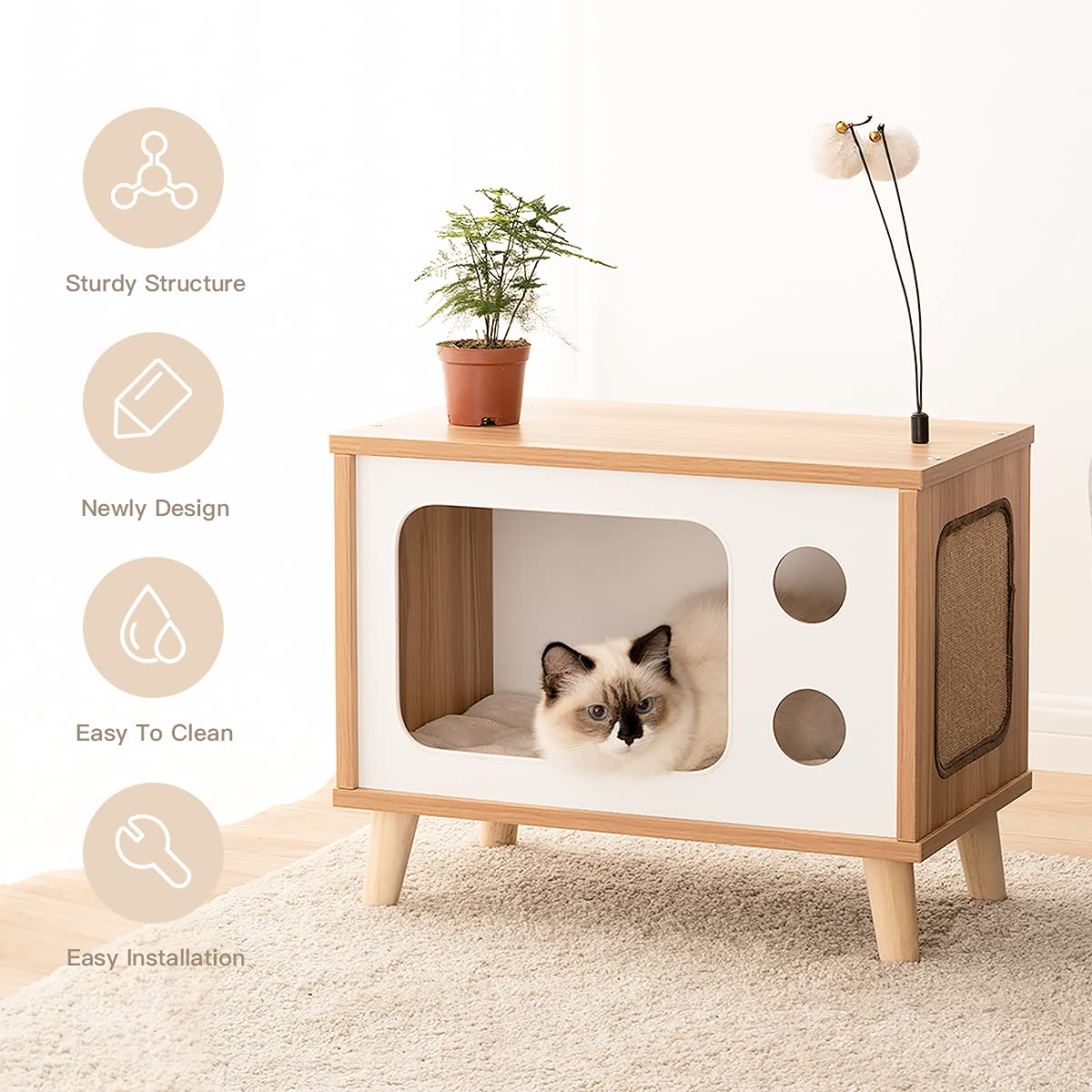 Cat House Wooden Condo Cat Bed Indoor TV-Shaped Sturdy Large Luxury Cat Shelter Furniture with Cushion Cat Scratcher Bell Ball Toys - WoodArtSupply