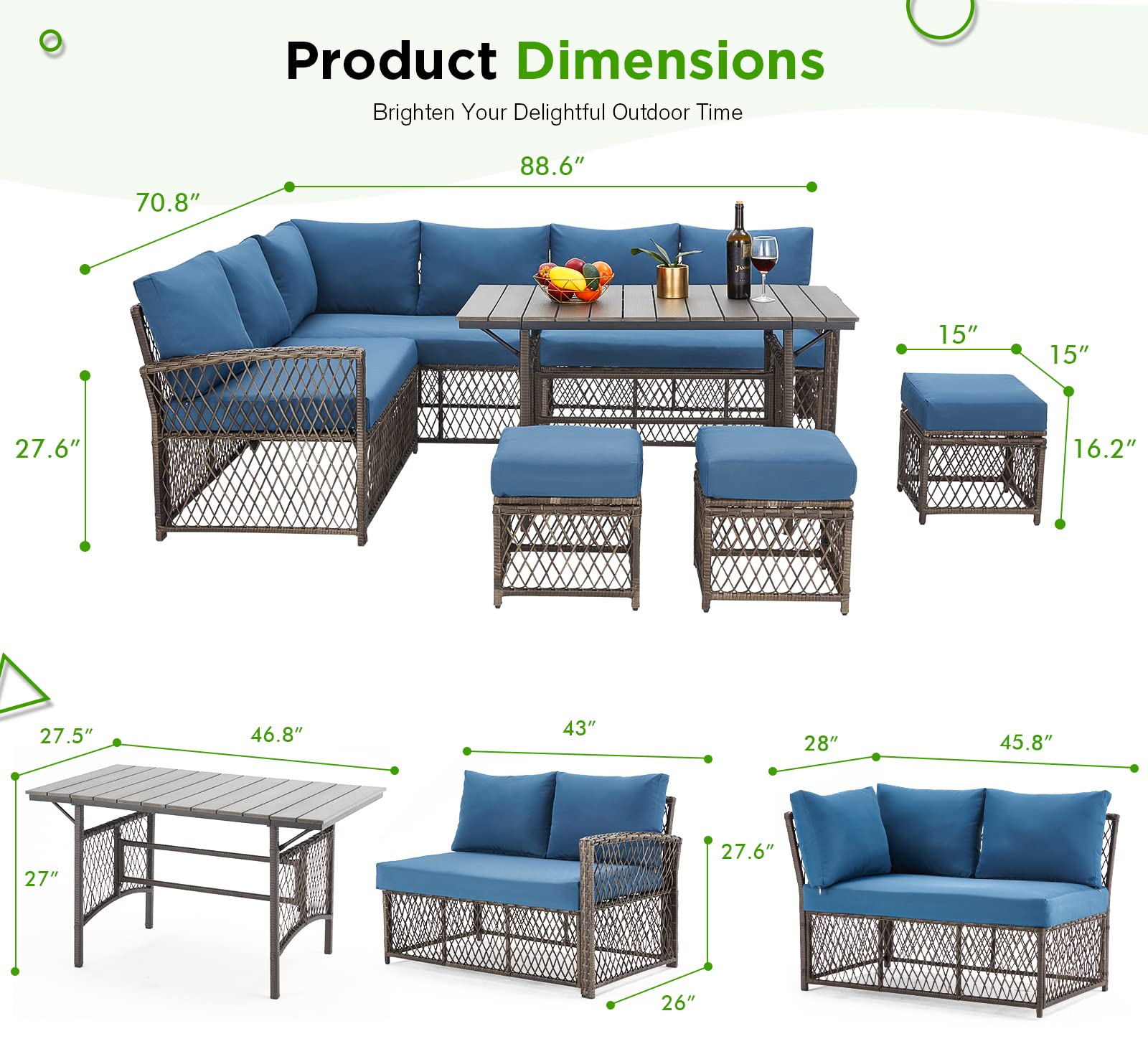 AECOJOY Patio Furniture Set, Outdoor Patio Furniture with Dining Table&Chair, 7 Pieces All Weather Wicker Conversation Set with Ottoman,Navy - WoodArtSupply