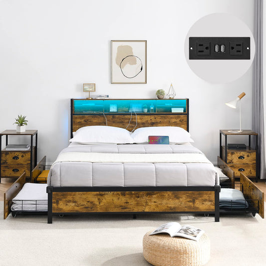 Alohappy Full Size LED Bed Frame with Bookcase Headboard, Outlets, 4 Storage Drawers & RGB Lights - Vintage Brown - WoodArtSupply