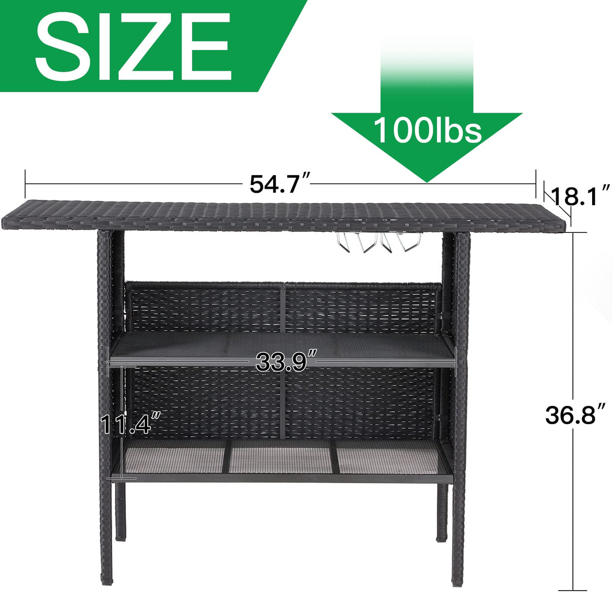 ECOTOUGE Outdoor Patio Wicker Bar Counter Table, Rattan Storage Furniture with Steel Shelves & Hanging Wine Glasses, 54.7"x18.1"x36.8" (L x W x H) Ideal for Garden, Backyard and Pool Side, Black ECOTOUGE