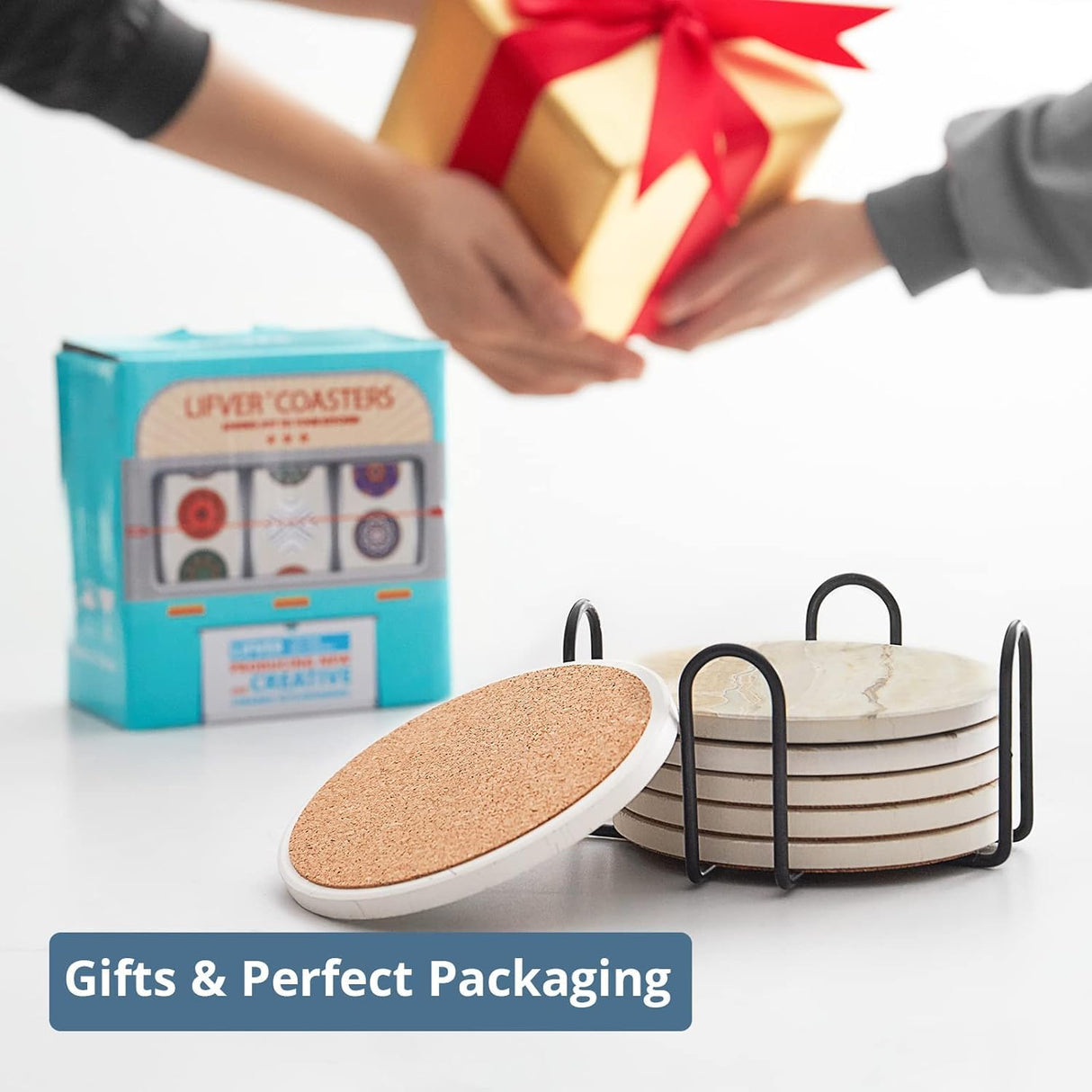 LIFVER Coasters Set of 6, Coasters for Drinks Absorbent Stone with Holder, Black Marble Style Ceramic Drink Coaster for Tabletop Protection, Coffee Table Decor Ideal for Home Decor House Warming Gifts LIFVER