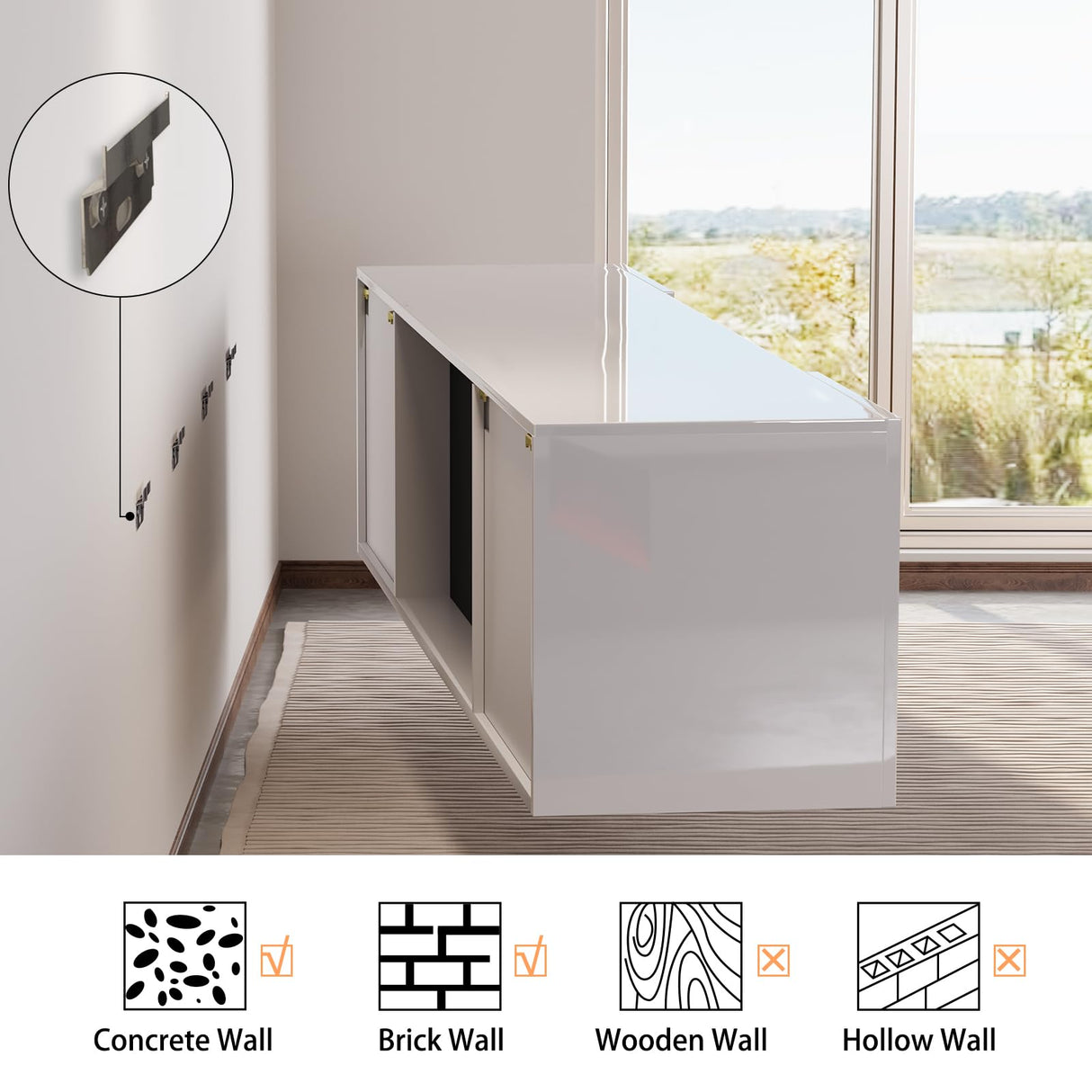 AMERLIFE Floating Fireplace TV Stand, Wall Mounted Mirrored Entertainment Center with 40" Electric Fireplace, Modern LED Lights Media Console for TVs Up to 90", All White AMERLIFE