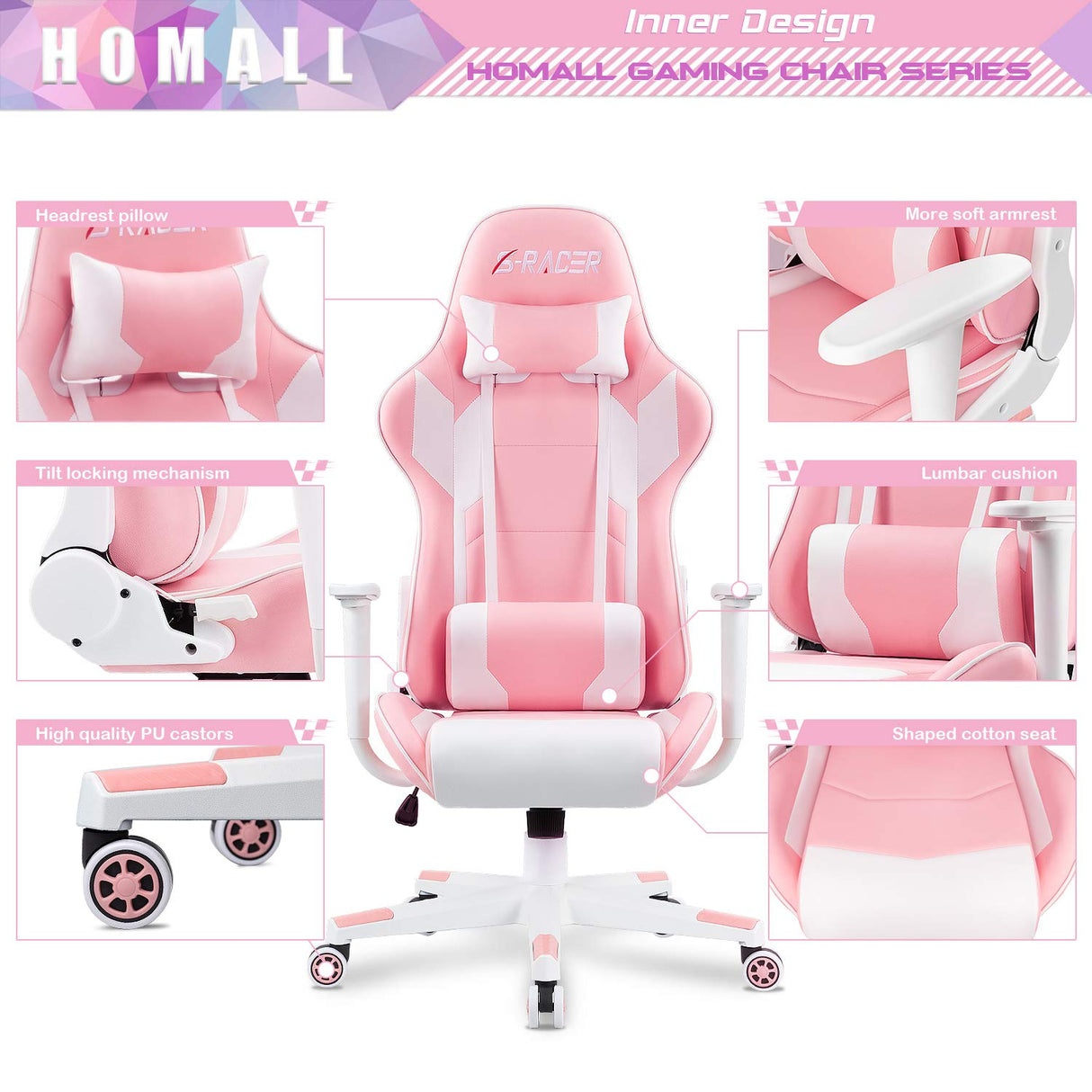 Homall Gaming Chair, Office Chair High Back Computer Chair Leather Desk Chair Racing Executive Ergonomic Adjustable Swivel Task Chair with Headrest and Lumbar Support (Pink) Homall