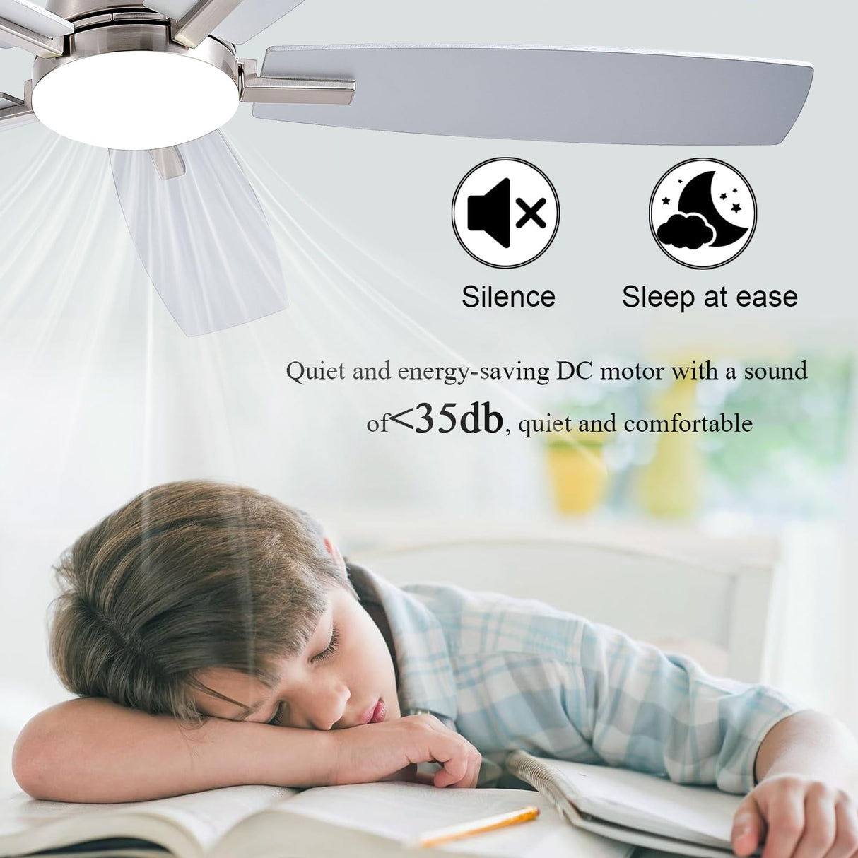 NKPU Ceiling Fans with Lights, 52 Inch Low Profile Ceiling Fan with Light and Remote Control, Flush Mount, DC Reversible Motor, Dimmable LED Ceiling Fans for Bedroom,Indoor/Outdoor Patio Use（Nickel） NKPU