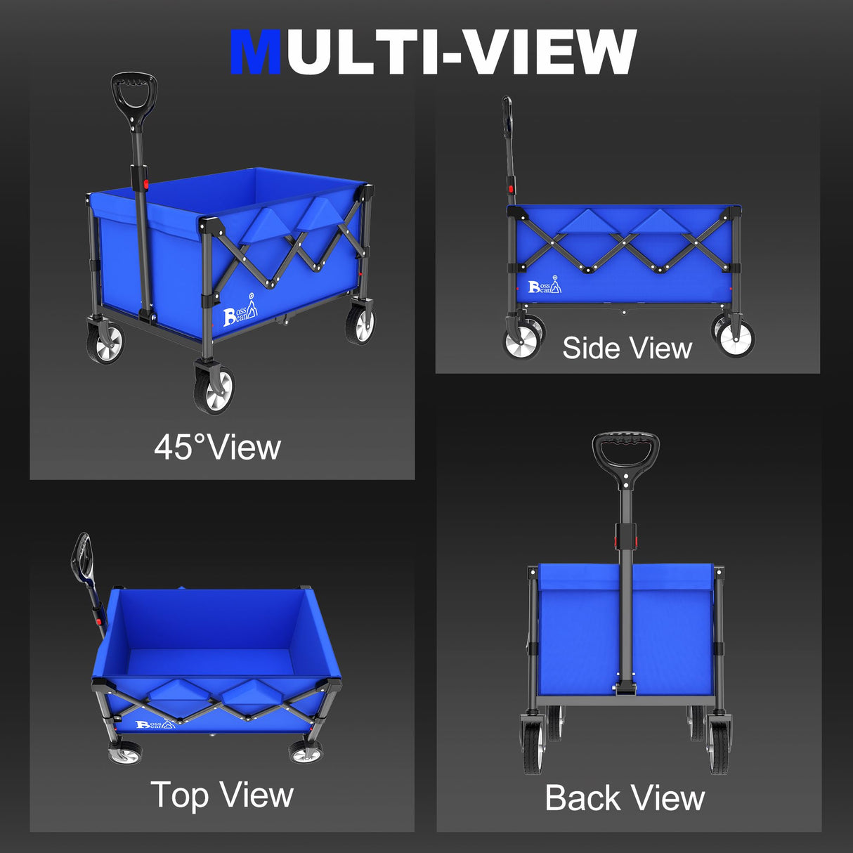 Bossicar Collapsible Folding Wagon, Outdoor Utility Grocery Large Wagon Cart Heavy Duty Foldable with Silent Universal Wheels, Adjustable Handle, Camping, Garden, Shopping (Blue, 80L) Bossicar