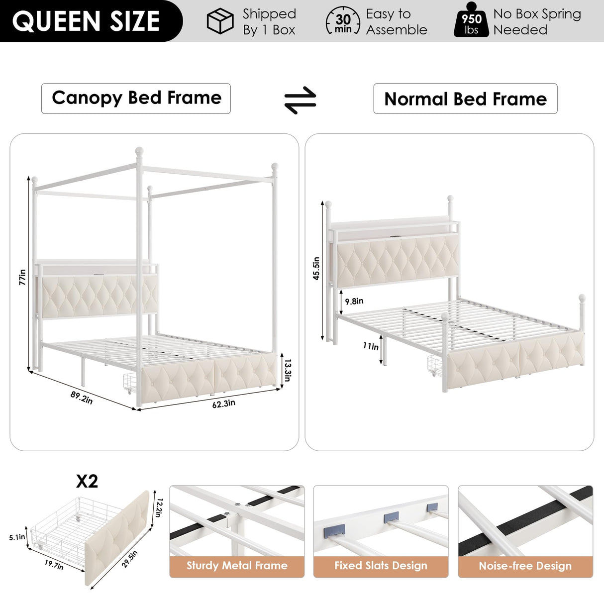 HIFIT Queen Size Upholstered LED Canopy Bed Frame with Storage and Charging Station, Button Tufted Storage Headboard with Bookshelf, Two-Use Metal Platform Bed with 4 Removable Post & 2 Drawers, Biege HIFIT