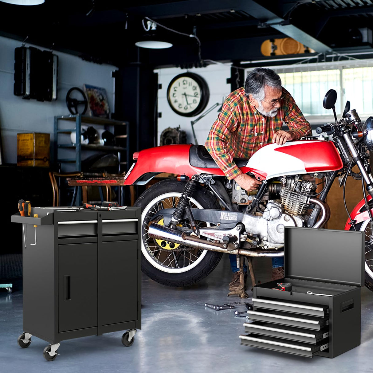 Goplus Rolling Tool Chest, 5 Drawers Tool Storage Cabinet with Universal Lockable Wheels, Detachable Top Toolbox, Lock Bar, Protective Liner, Heavy Duty Metal Tool Cart, Tool Box for Workshop Garage Goplus