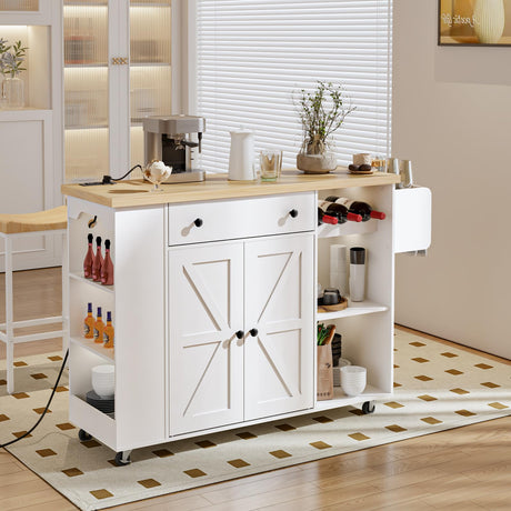HOOBRO Kitchen Island with Power Outlet, Rolling Kitchen Island on Wheels, White Kitchen Cart with Door Cabinet, Island Table with Storage, Wine Rack and Spice Rack, White and Natural WN16UZD01 HOOBRO
