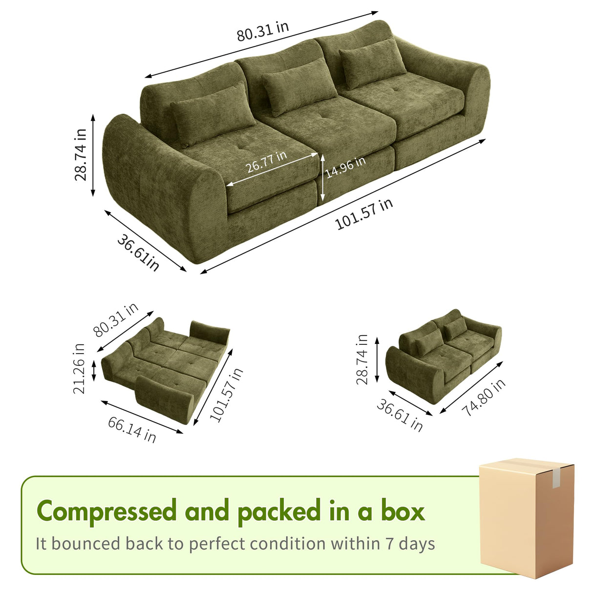 Opiesit 101.6" Modular Sectional Cloud Sofa,Floor Boneless Couch, 4-in-1 Folding Convertible Sofa Bed, Modular Cushion Couch,Suitable for Living Room,Bedroom and Recreation Room (Green) Opiesit