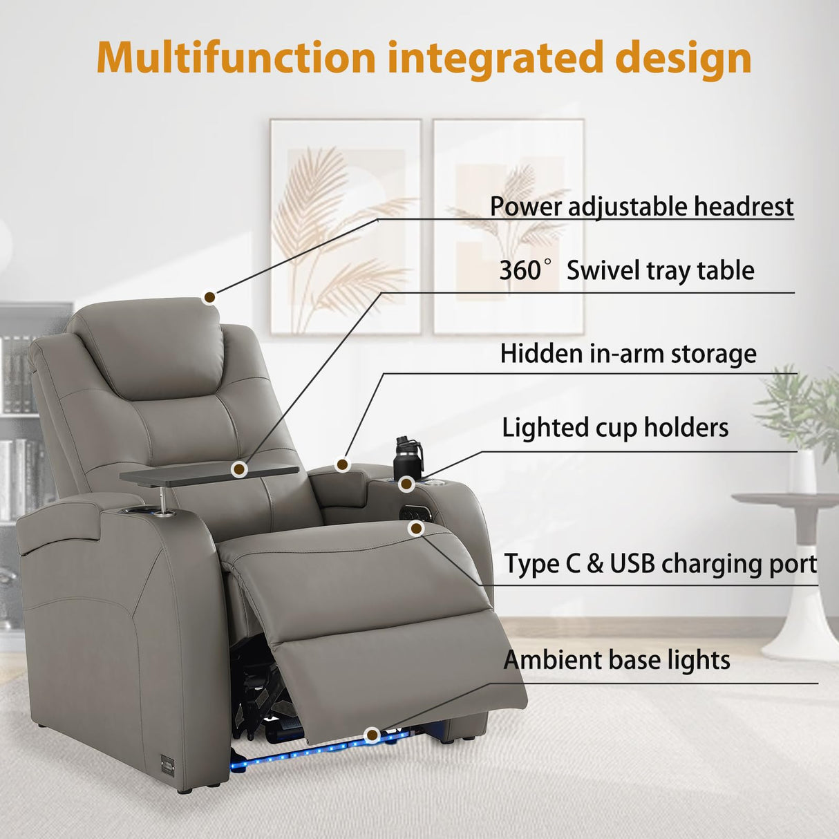 comfiroom Home Theater Seating Seats Simple Style Top Grain Nappa Leather Recliner Chair Dual Power Movie Theater Chairs Gaming Sofa Electric Headrest with Tray Table comfiroom